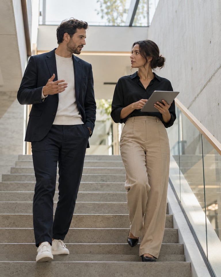 Two colleagues talking on the office staircase